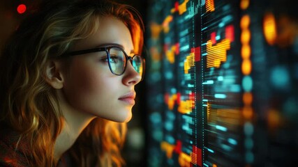 Concentrated young woman studying intricate digital information displayed on illuminated screen, her spectacles reflecting vibrant data - Powered by Adobe