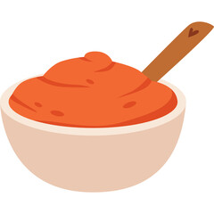 A bowl of vibrant orange food with a wooden spoon resting inside it on a clean white background with a subtle shadow