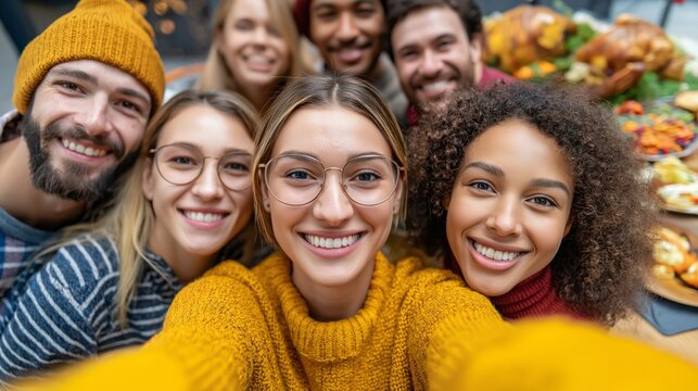 In a warm and inviting atmosphere, a diverse group of friends joyfully captures a selfie together, surrounded by a delicious spread of food. Their smiles reflect the happiness of their gathering