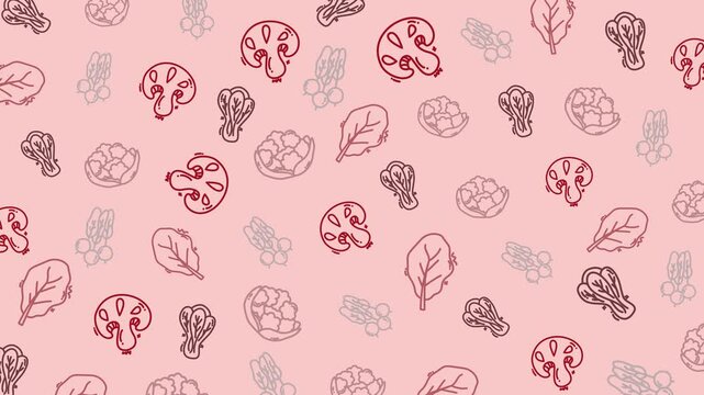 A seamless pattern featuring hand-drawn illustrations of mushrooms, leaves, radishes, cauliflower, and lettuce in soft red, brown, and gray tones on a pastel pink background.