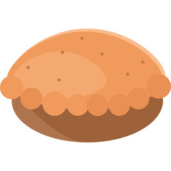 A golden brown baked pie with a crimped crust and small dark dots on its surface sitting on a dark brown base creating a simple dessert illustration with a transparent background