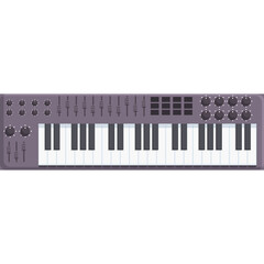 A Gray MIDI Keyboard Controller With White and Black Keys and Numerous Knobs and Sliders On A White Background