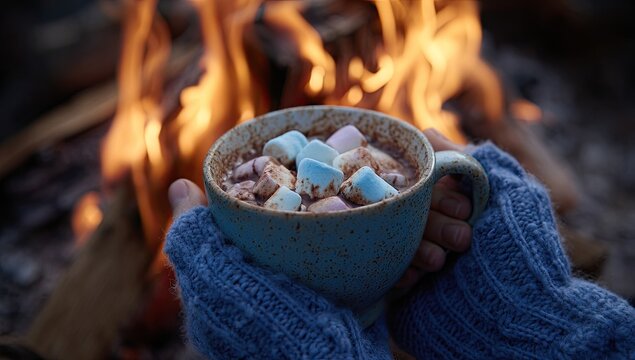 Cozy hands holding hot cocoa with marshmallows by a warm fire - Powered by Adobe