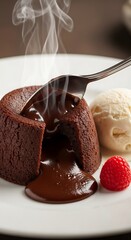 Decadent Chocolate Lava Cake with Raspberry and Vanilla Ice Cream.