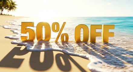 Tropical 50% off summer sale splash: discount waves on golden beach