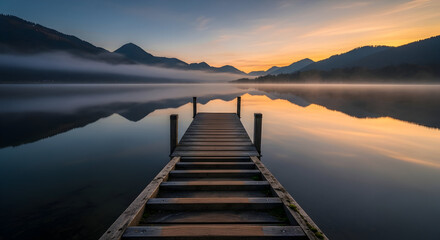 Obraz premium Tranquil wooden pier on a misty mountain lake at sunrise, reflecting calm water and colorful sky