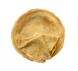 top view on stack of traditional french homemade crepes isolated on transparent or white background