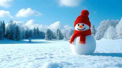 Snowman wearing a red hat and scarf stands in a snowy landscape with vibrant blue skies and fluffy clouds