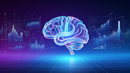 Glowing neon digital brain with futuristic city skyline and data visualizations in a vibrant purple and blue abstract background 3d rendered illustration of a brain