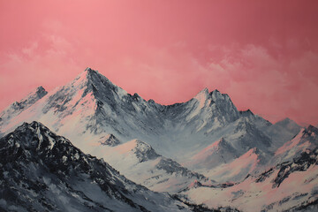 a painting of a mountain range with a pink sky