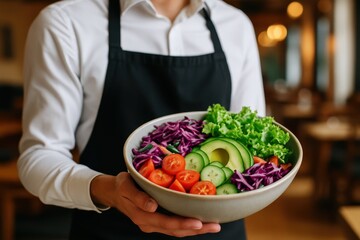 A waiter in an apron presents a large, colorful vegan salad bowl. Healthy meal with fresh vegetables and chickpeas, served in a restaurant.
