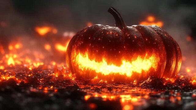 Eerie Halloween gourd, ablaze with internal light, resting upon landscape of glowing ember and dark cinder