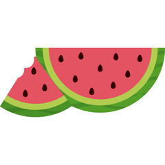 Two Slices of Juicy Watermelon with Seeds and Green Rinds One Slice Missing a Bite Against a Transparent White Background