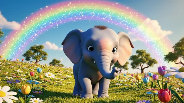 Baby elephant cartoon dancing under a rainbow in a stylised meadow, early morning light, soft shadows, vibrant color palette, seamless loop