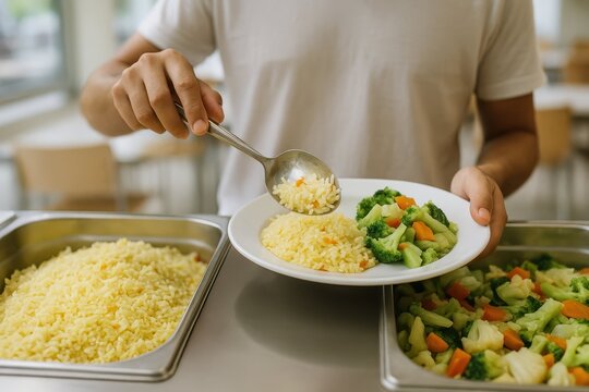A person serves healthy rice and steamed vegetables onto a plate at a self-service buffet in a cafeteria or canteen.