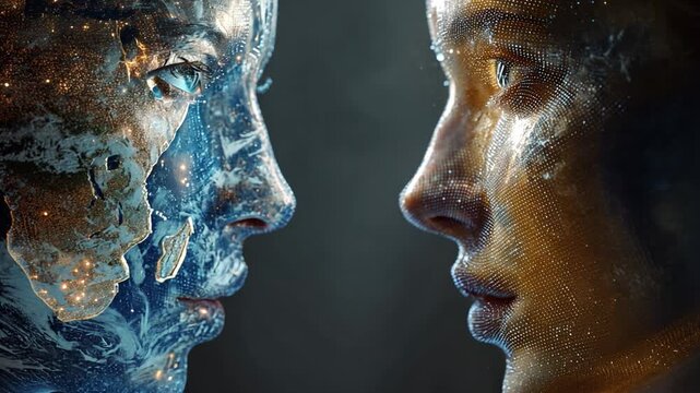 Eternal Gaze: Two faces, bathed in contrasting light, confront each other in a scene that speaks to connection and introspection. Each contour whispers of emotion and mystery.