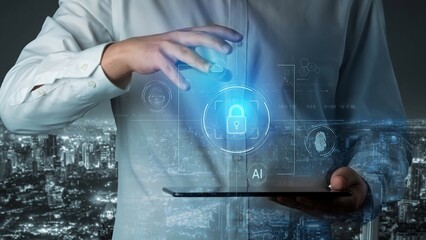 Cybersecurity system interface with biometric lock and data protection. Cybersecurity protects access, identity, cyber security prevents threats, and cyber security supports digital systems. Marrow