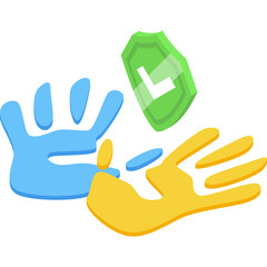 Two Open Hand Silhouettes One Blue One Yellow Intersecting With A Green Shield Icon With A White Check Mark In The Center Against A Transparent Background Representing Protection And Support