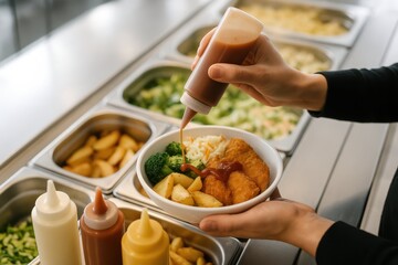 Hand adding mustard to a plate with meat, potatoes, and salad at a self-service restaurant buffet.