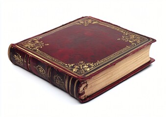 Obraz premium Antique leather bound book with ornate gold tooling on cover and spine showing aged pages