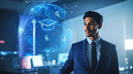 Businessman analyzing a holographic globe with digital education icons, envisioning the future of global learning and advanced professional development through technology - Powered by Adobe