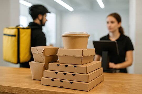 Takeout food order in eco-friendly boxes on a counter, with a courier and employee in the background. Food delivery service concept.