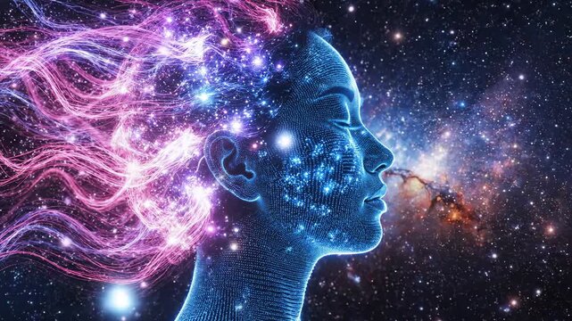 Profile of a woman's face with a vibrant galactic aura merging with a starry sky