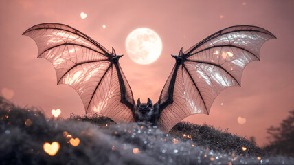 Shiny metallic bat wings under pink full moon, dreamy Halloween sky with sparkles
