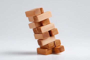 Precariously stacked wooden blocks, a tower built on balance, tilting but not yet toppled. A symbol of risk, balance, and potential collapse.