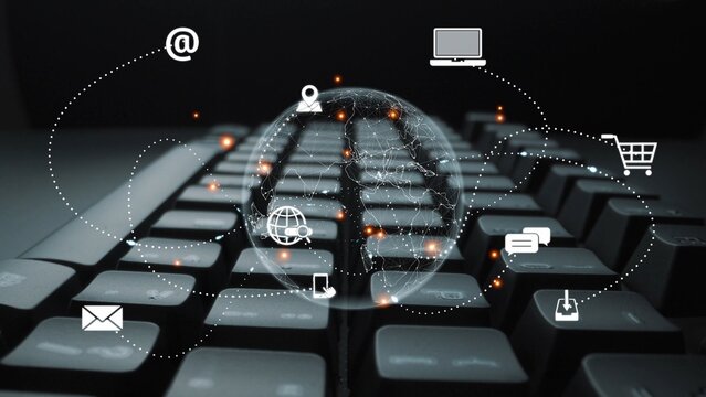 Visualization of global digital communication and online across multiple platforms, including global network, digital network, communication network, and online network. Marrow