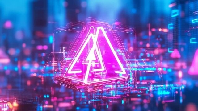 A luminous neon triangular emblem shines brilliantly amidst futuristic digital urban landscape awash in electric blue and vibrant magenta glows