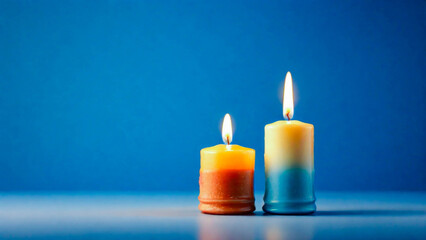 Room fragrance candle, burning on top, beautiful bright blue background, room candle scent, Home decoration with burning candle, Indoor front view