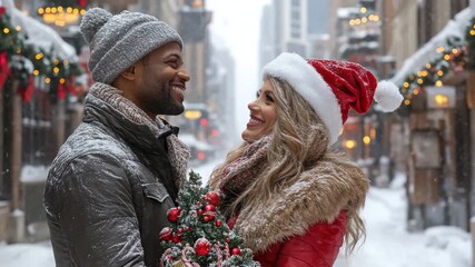Joyful couple embracing snowy winter season, exchanging loving glances amidst festive holiday street decoration and miniature Christmas tree