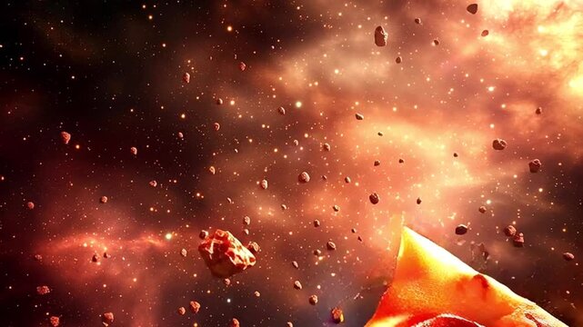 Delicious pepperoni pizza slices with melted mozzarella cheese floating weightlessly through a stunning cosmic nebula, creating a surreal and appetizing outer space fast food fantasy concept