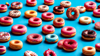 donuts on a blue table with various toppings on top, chocolate sprinkled treats, far away, commercial food advertisement