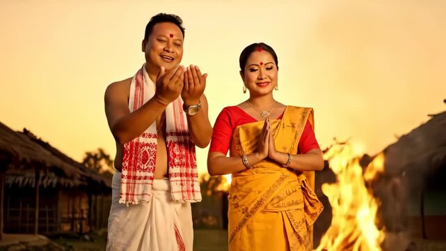 Celebrating Magh Bihu Assamese Couple in Traditional Attire Praying During Bhogali Festival Near Bonfire at Sunset