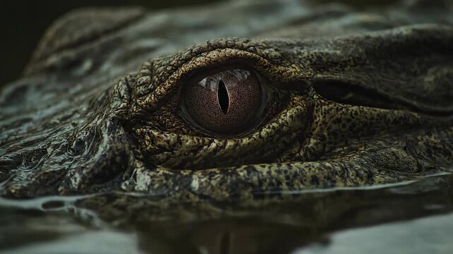 Close-up image of a crocodile eye reflecting in water