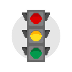 Pixel art of traffic light with red, yellow, and green signal.