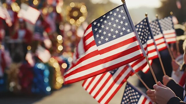 Emotional Display of Patriotism: People Waving American Flags in Slow Motion During a Veterans Day or Memorial Day Parade.