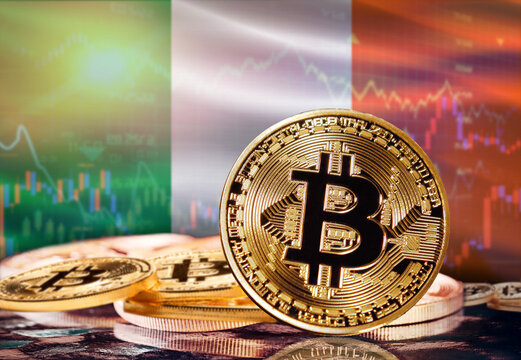 Bitcoin with Ireland flag in the background. Investors in cryptocurrency and Blockchain Technology in Ireland, Concept