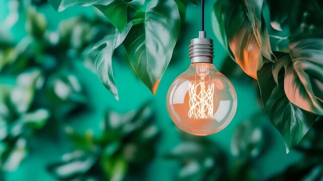 A glowing incandescent bulb with intricate filament suspended among verdant tropical foliage, symbolizing bright ideas and eco-friendly illumination