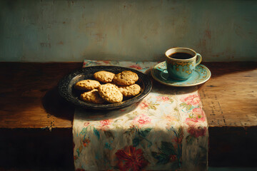 a plate of cookies and a cup of coffee