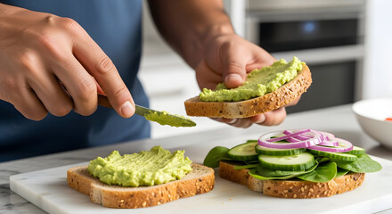 Man Spreading Creamy Avocado on Whole Grain Bread with Fresh Vegetables in Modern Kitchen Setting