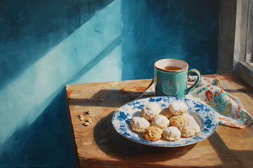 a plate of cookies and a cup of coffee on a table