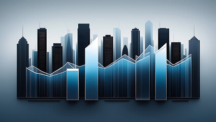Abstract 3d cityscape with rising financial charts and data visualization representing economic growth and market trends business graph on a black background