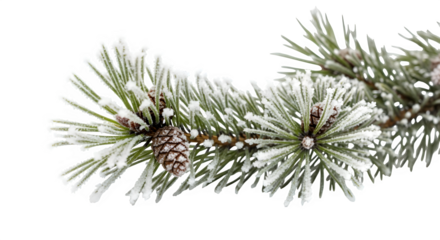A frosted pine branch with pine cones, isolated on transparent background