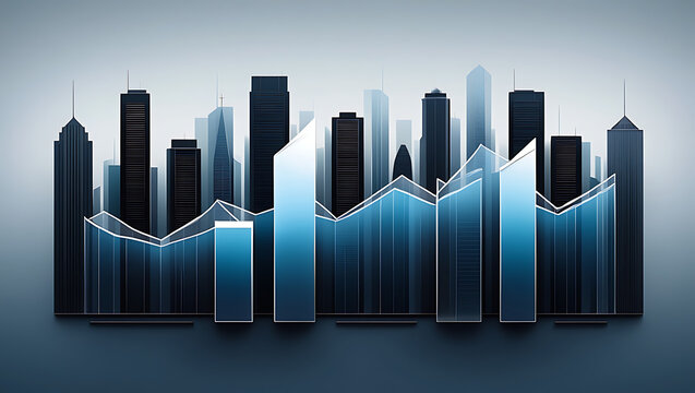 Abstract 3d cityscape with rising financial charts and data visualization representing economic growth and market trends business graph on a black background