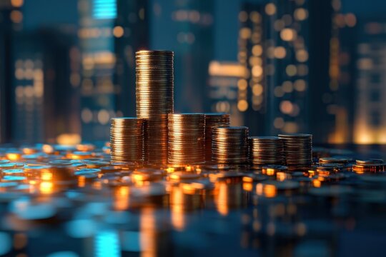 Stacks of coins reflecting city lights at night creating a dramatic financial atmosphere