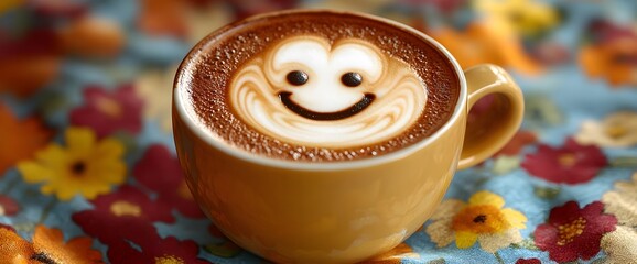 Enjoying a warm cup of coffee with a smiling latte art design on a colorful floral tablecloth in the morning light