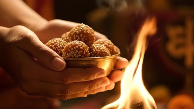 Celebrating Magh Bihu Hands Holding Til Ladoo Near Sacred Fire, Embracing Assamese Traditions and Cultural Significance